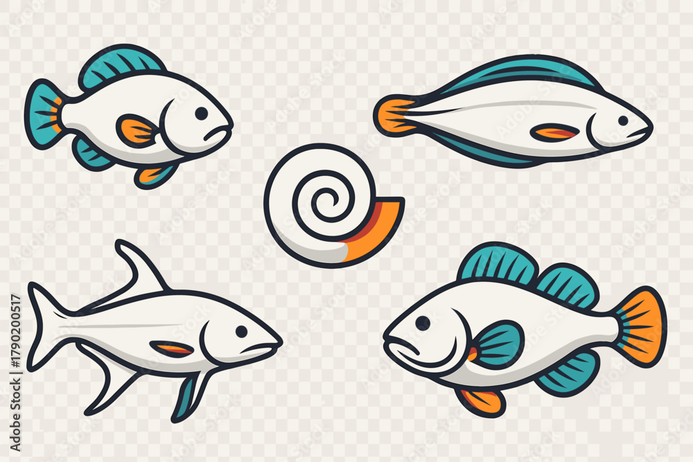 Naklejka premium Stylized aquatic life icons including fish and spiral seashell shapes