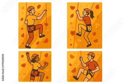 Diverse group of people ascending an indoor rock climbing wall with safety equipment