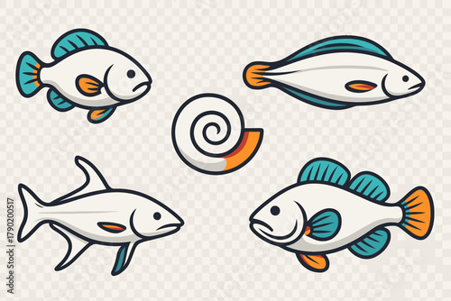 Stylized aquatic life icons including fish and spiral seashell shapes