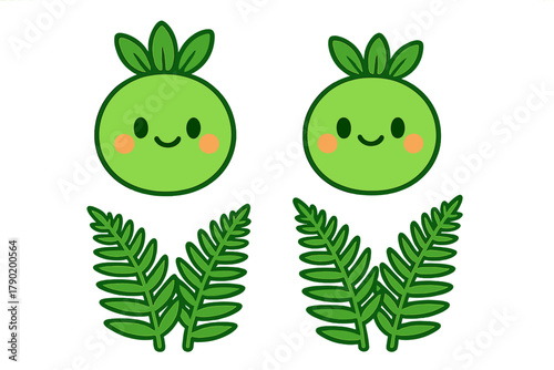 Cute green pea character with leafy sprout and fern fronds