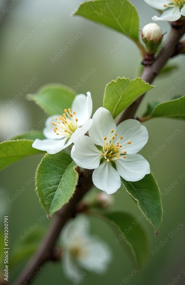 Obraz premium White apple tree flowers bloom with green leaves on branch in daylight. Orchard plants grow in natural conditions on spring foothills. Bud appears on stem.