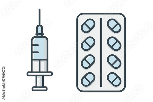 Syringe and blister pack of tablets for medical treatment concept