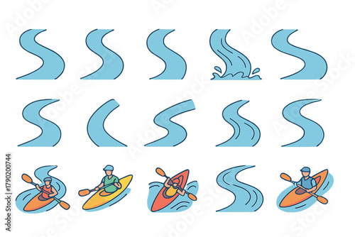 Winding river sections and kayaking icons for water sports