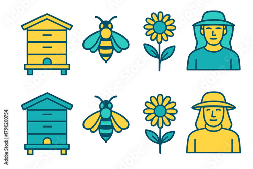 Set of beekeeping icons featuring hive, bee, flower, and beekeeper portraits