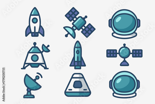 Stylized icons for space exploration featuring rockets, satellites, and astronaut helmets