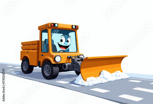 Animated Smiling Snowplow Truck Clearing Fresh Snow from Road with Cartoon Eyes on a Bright Winter Day