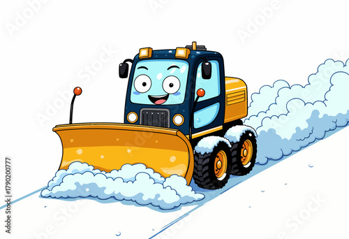 Illustration of a cheerful animated snowplow happily clearing a path through freshly fallen snow on a bright winter day