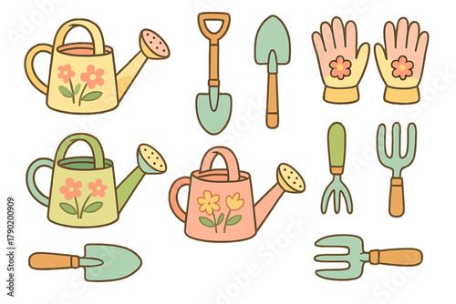 Pastel seamless pattern with cute gardening tools and watering cans