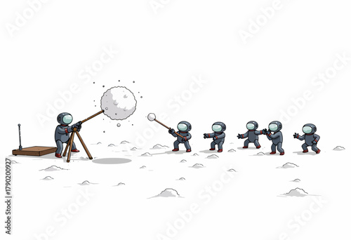 Astronauts Engage in a Playful Snowball Battle on a Vast, Desolate Lunar Landscape under the Clear and Bright Extraterrestrial Sky