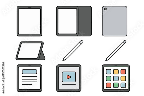Tablet computer icons featuring stylus and protective case accessories