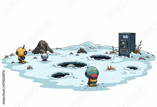 Explorers Investigating Mysterious Craters in Snowy Landscape with Advanced Equipment