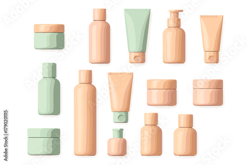 Cosmetic packaging containers in peach and mint colors for beauty products