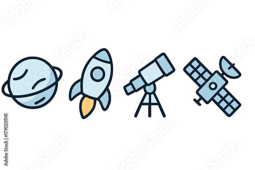 Space exploration icons featuring planet, rocket, telescope, and orbiting satellite