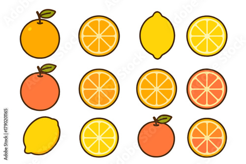 Stylized icons of whole and sliced citrus fruits for design projects