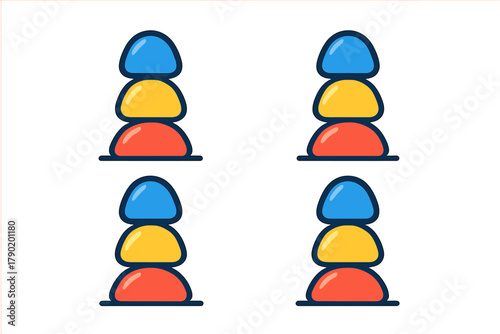 Four stacks of colorful rounded stones perfectly balanced on white surface