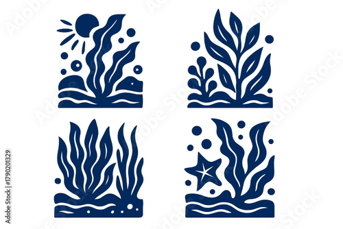 Four abstract deep blue sea flora and fauna graphic elements