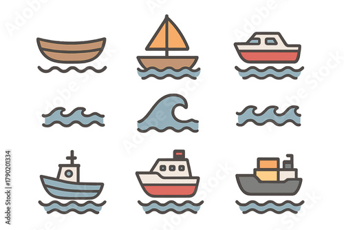 Colorful set of various boat and wave icons on water surface
