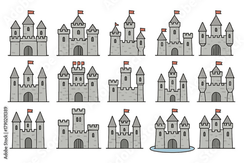 Assortment of medieval stone castle symbols featuring various battlements and banners
