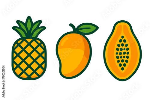 Tropical fruit icons set with pineapple, mango, and sliced papaya