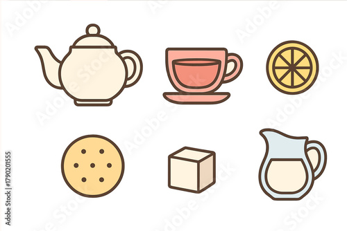 Set of stylized icons for tea service with teapot cup saucer lemon and cookie