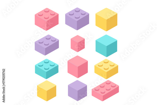 Isometric collection of colorful building blocks in soft pastel shades