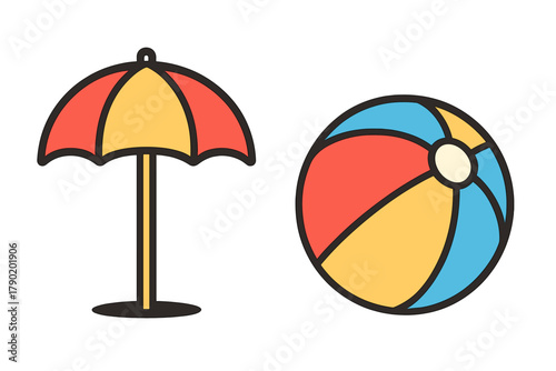 Beach umbrella and colorful inflatable beach ball icons