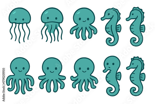 Set of cute sea creatures including jellyfish octopus and seahorse icons