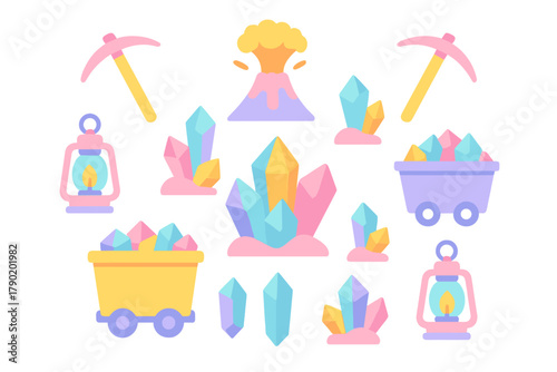 Colorful mining elements including crystals, pickaxe, lantern, and mine cart