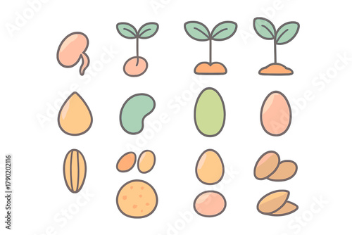 Various seed and seedling growth stages icons depicting plant life cycle