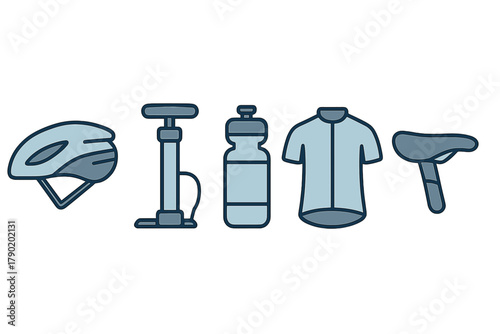 Essential cycling equipment icons: helmet, pump, bottle, jersey, and saddle