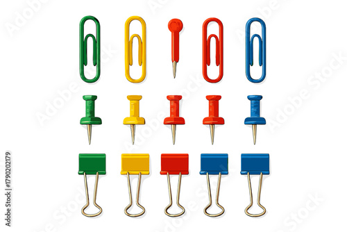 Assortment of colorful fasteners including paper clips push pins and binder clips