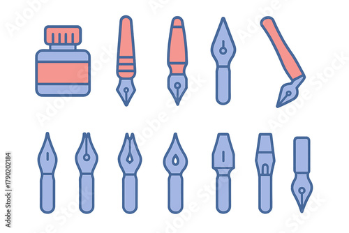 Collection of calligraphy pen nibs and inkwell icons in modern outline style