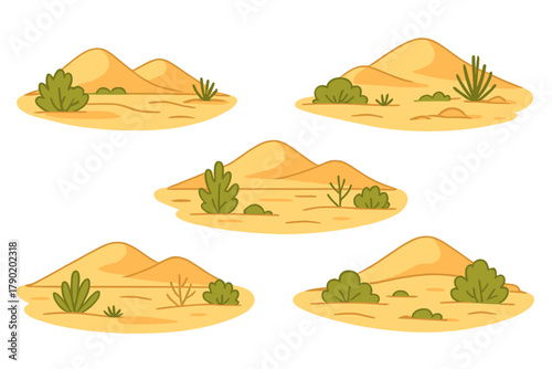 Set of stylized desert landscape elements with sand dunes and scrub brush