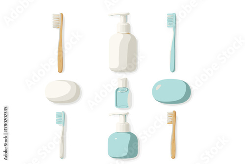 Assortment of hygiene and dental care products flat lay arrangement