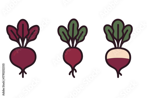 Three stylized beet root vegetable icons featuring green and red leaves