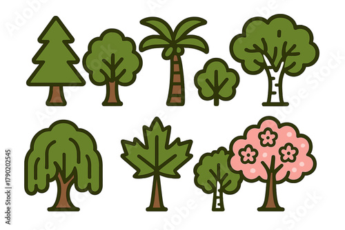 Set of stylized deciduous and evergreen tree icons with various shapes