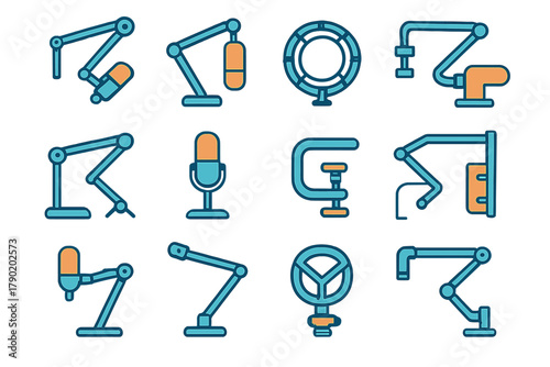 Podcasting and streaming equipment icons featuring microphone arms and ring light