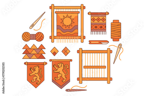 Textile craft tools and weaving loom elements for handmade fabric creation