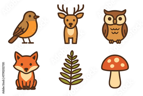 Charming set of woodland animal and nature icons featuring deer fox owl and bird