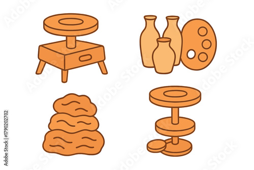 Set of pottery tools and clay icons for ceramics craft production