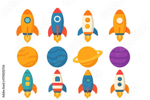 Colorful cartoon rockets and planets icons set for space themes