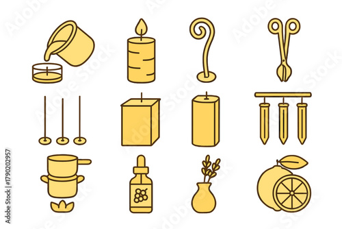 Collection of icons for candle making supplies and finished products