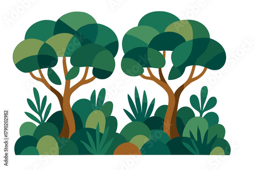 Stylized green trees and dense jungle foliage border design