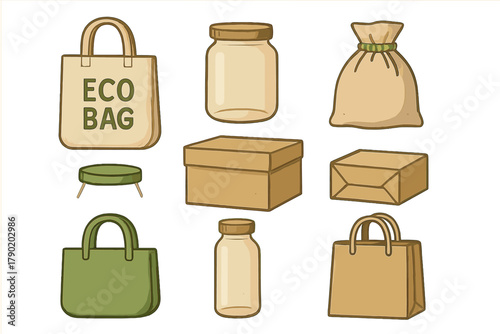 Reusable and recyclable packaging containers and shopping bags set