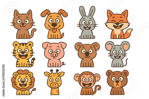 Twelve Cute Cartoon Animal Faces and Busts for Children's Designs