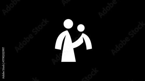 Minimalist white icon of a person supporting another, symbolizing care, help, family, and community on black background.