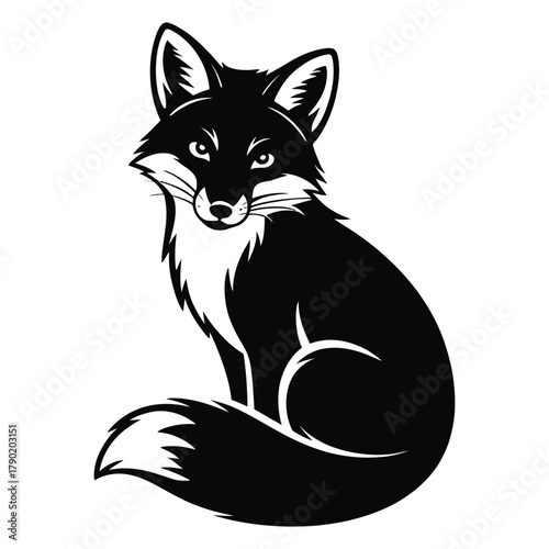 Stylized Black Fox Silhouette Sitting Keywords: fox, animal, wildlife, silhouette, black, white