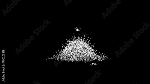 Stylized black and white illustration of a mysterious grass mound with glowing insect eyes in the dark, nocturnal wildlife.