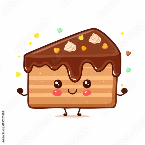 A cute and happy slice of chocolate cake with a smiling face and rosy cheeks, decorated with frosting and sprinkles.