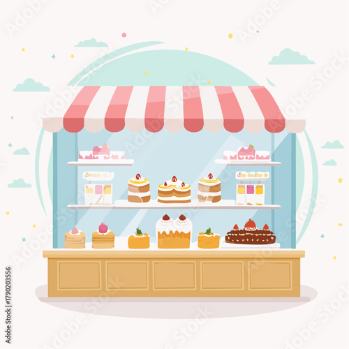 Illustration of a bakery shop with a display of various delicious cakes and pastries.